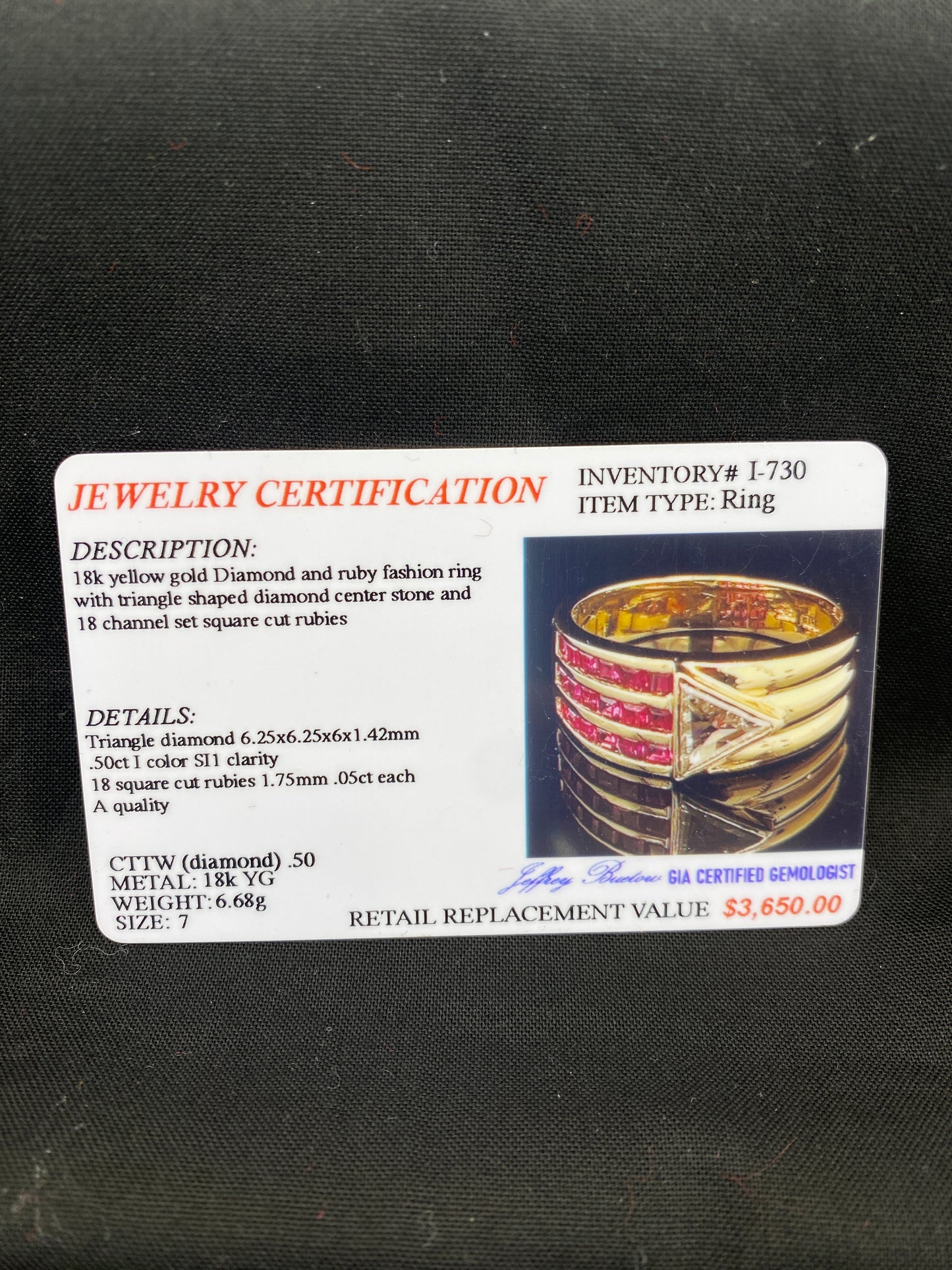 Estate 18K Yellow Gold Triangle Natural Diamond and Ruby Thick Band Ring Size 7