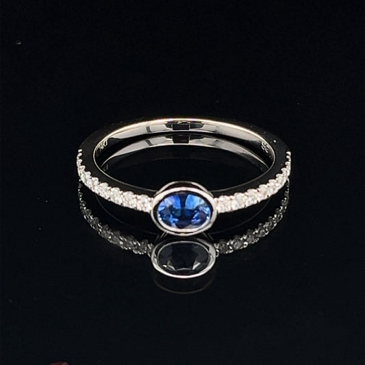 14K White Gold Oval Blue Sapphire and Natural Diamond Ring Size 7