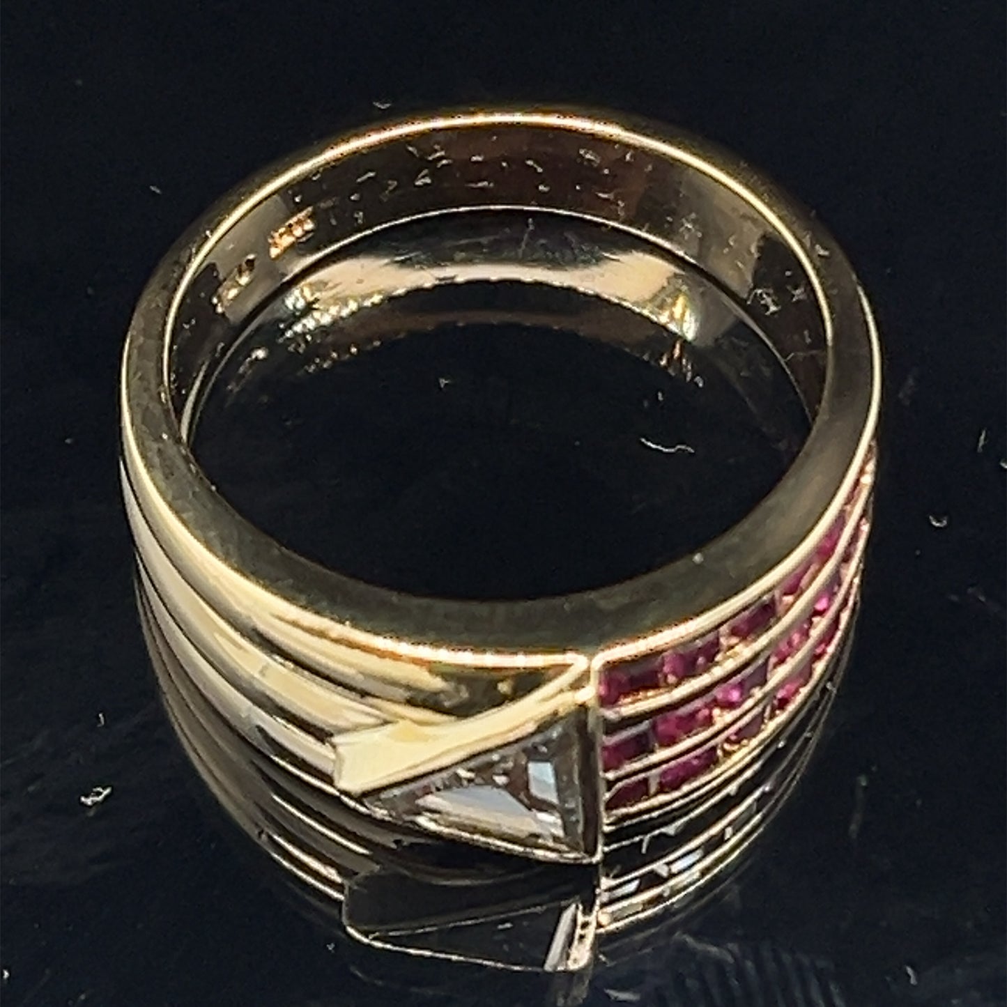Estate 18K Yellow Gold Triangle Natural Diamond and Ruby Thick Band Ring Size 7